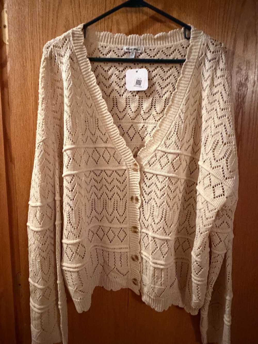 white birch Cream Open-Knit Button-Up Cardigan